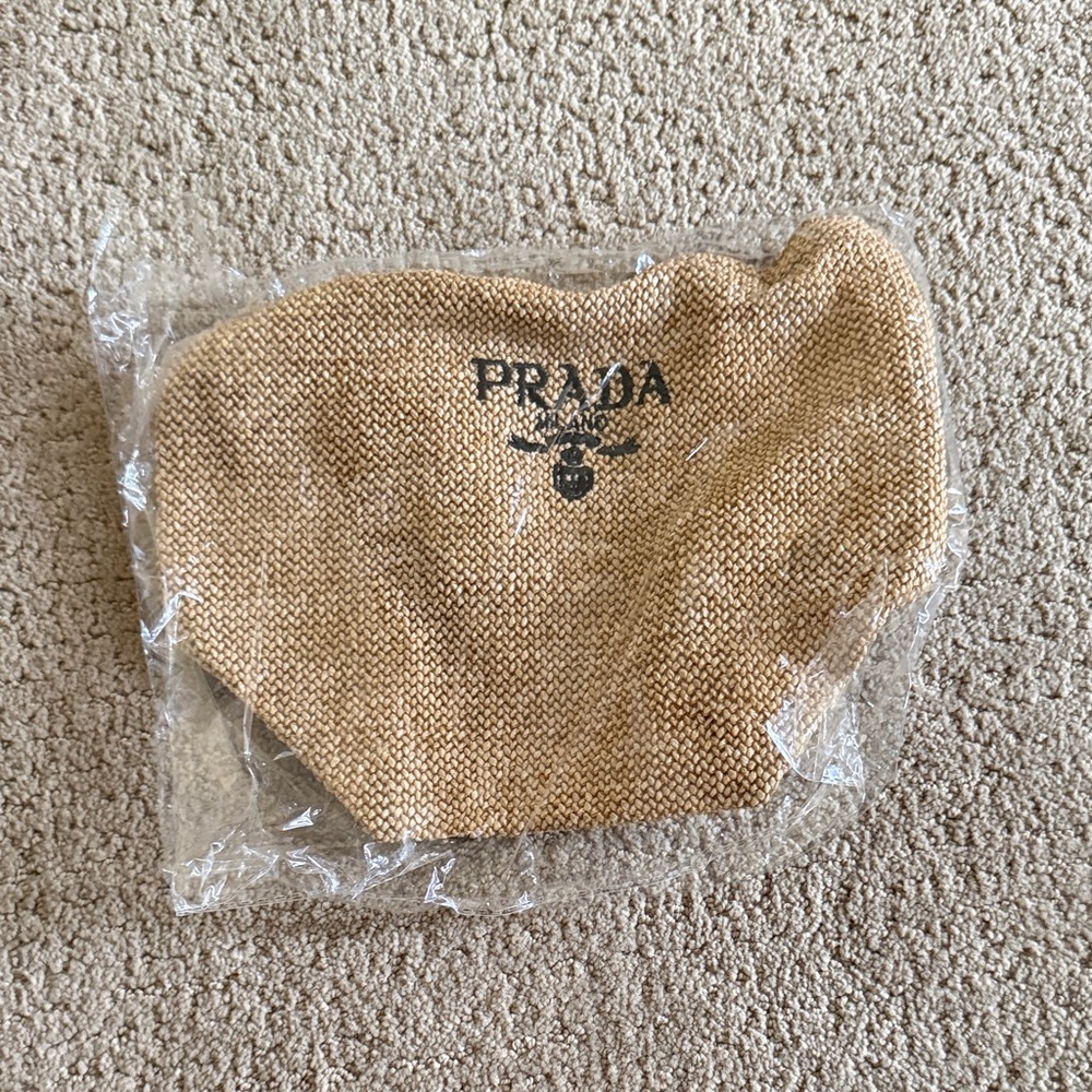 Prada Beige Woven Tote Pouch with Black Logo Print